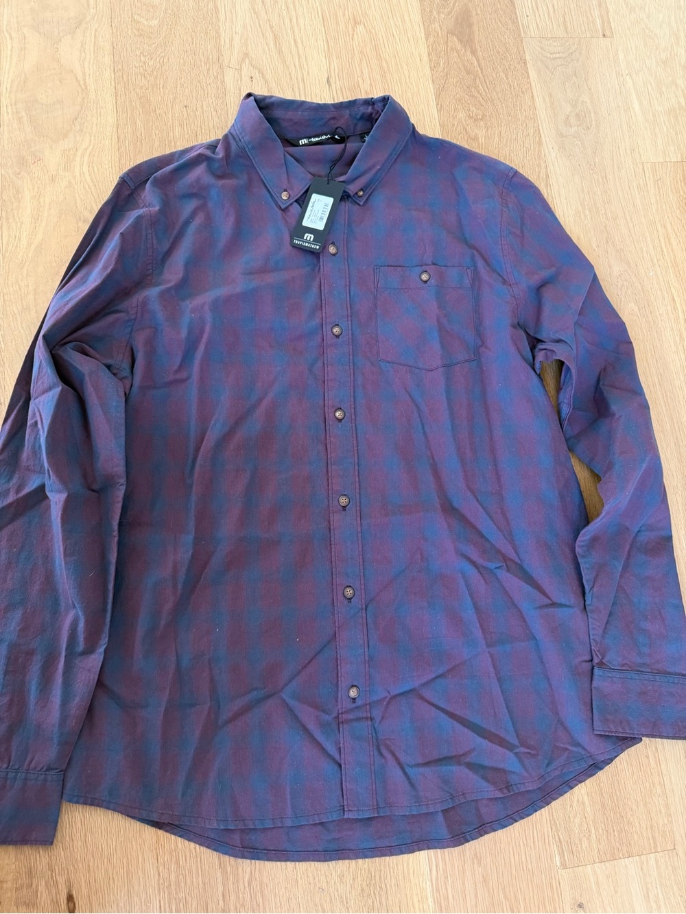 Travis Mathew Men's Burgundy and Navy Plaid Button-Down Shirt